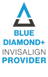 Stylized blue and black triangle above bold text reading "Blue Diamond+ Invisalign Provider." Professional and trustworthy tone.